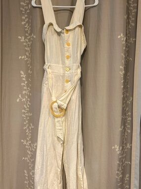 Anthropologie Cream Button-Front Wide-Leg Jumpsuit with Belt